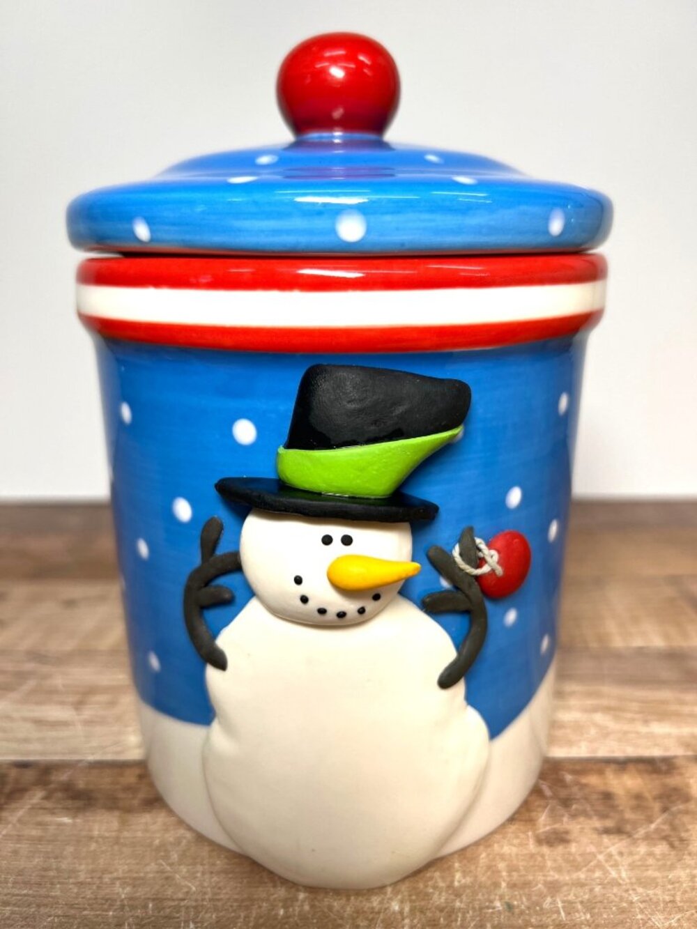 3D Cherry Snowman Ceramic Cookie Jar By Sakura Zulauf Designs Blue Polka Dot